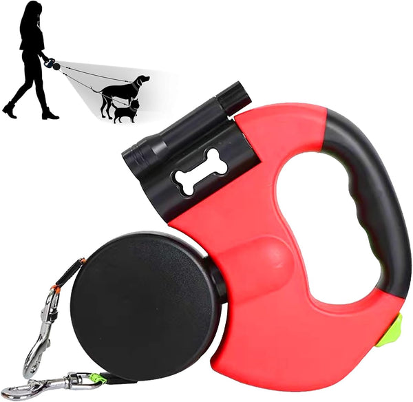 Double Head 10 ft Retractable Dog Leash with Integrated Waste Bag Dispenser Flashlight 360°Tangle Free Anti-Slip Handle Reflective Nylon Tape One Button Brake(Small Medium Dog Up to 15 kg,Red)