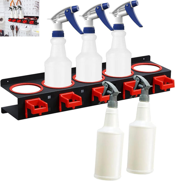 Spray Bottle Storage Rack, Wall-Mounted Spray Bottle Rack Holder, Garage Organizer Hanging Rail Car Beauty Shop Accessory Display Cleaning Detailing Tools Hanger with 5 Plastic Hanging Hooks
