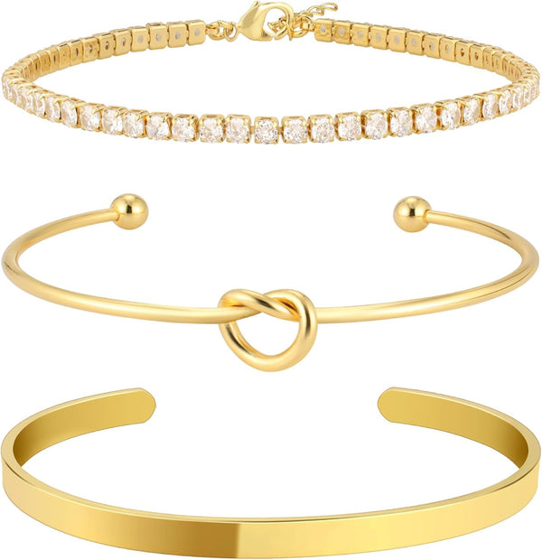 Gold Bangle Cuff Bracelets for Women 14k Gold Plated Cubic Zirconia Tennis Bracelet Non tarnish Love Knot Bracelets Stack Cuff Bangles Adjustable Jewelry Set for Women 3pcs