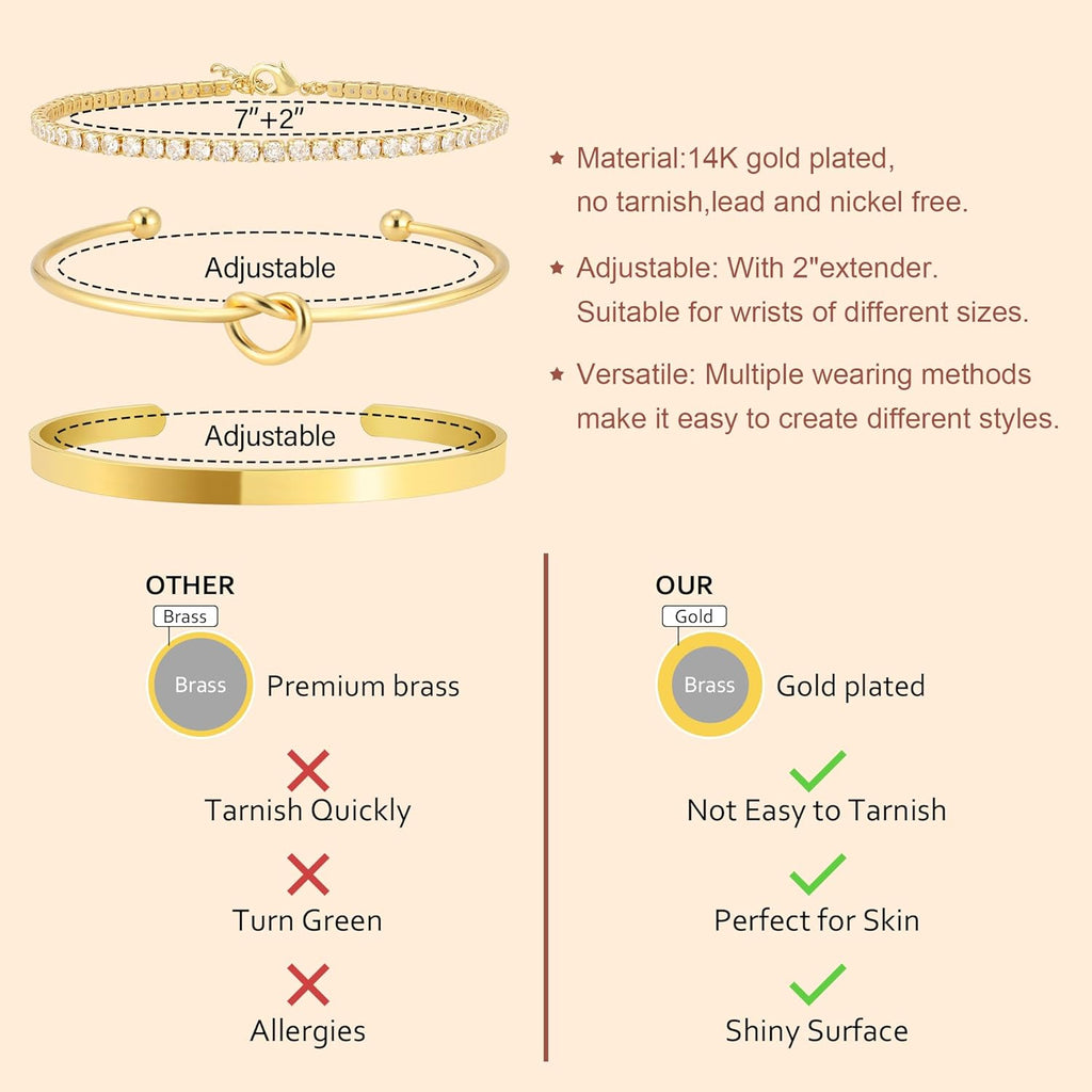 Gold Bangle Cuff Bracelets for Women 14k Gold Plated Cubic Zirconia Tennis Bracelet Non tarnish Love Knot Bracelets Stack Cuff Bangles Adjustable Jewelry Set for Women 3pcs