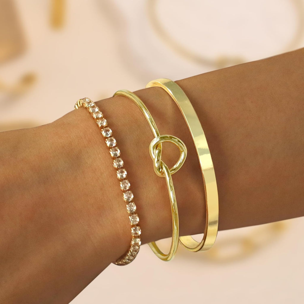Gold Bangle Cuff Bracelets for Women 14k Gold Plated Cubic Zirconia Tennis Bracelet Non tarnish Love Knot Bracelets Stack Cuff Bangles Adjustable Jewelry Set for Women 3pcs