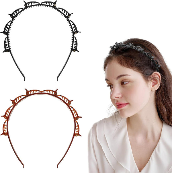 Double Bangs Hairstyle Hairpin,2 Pack Hairpin Headband Twist Clip Headband with Toothed Headband Braid Tool Hair Band With Clips for Girls Women Fashion Hair Accessories(Black and Brown)
