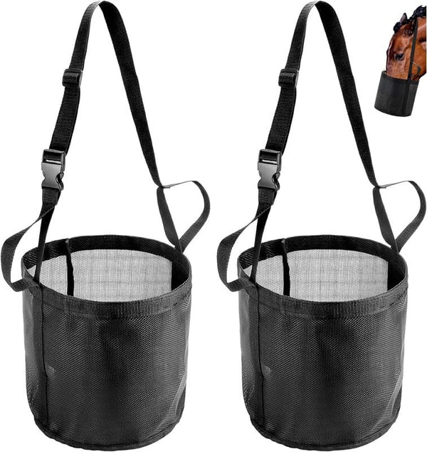Comfort Breathable Horse Feed Bag, Mesh Feed Bucket, Mesh Designed Feeding Bag with Adjustable Strap and Waterproof Bottom, Horse Feeder Bag Storage, for Horse Feeding Supplies Muzzle Feed (2 Black)