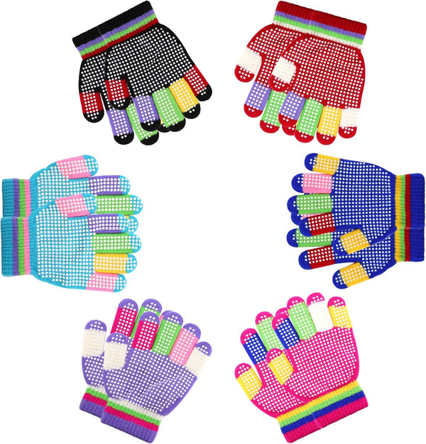 6 Pairs Kids Anti-Skid Magic Gloves, Multicolor Winter Warm Full Finger Mittens Stretchy Knitted Gloves for Boys and Girls -