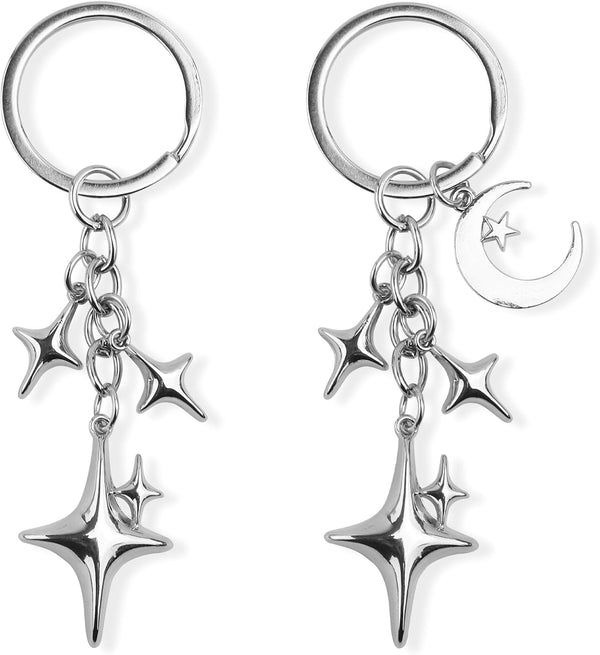 2pcs Cute Star Moon Keychains, Y2k Key Chain Charms Aesthetic Ring Bag Accessories Keychains for Purse Handbag Backpack Car Holder (2 Designs) -