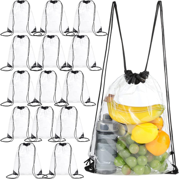 15 Pieces PVC Clear Drawstring Bag Small Waterproof Plastic Backpack For Stadiums Sporting Events (Black) Black -