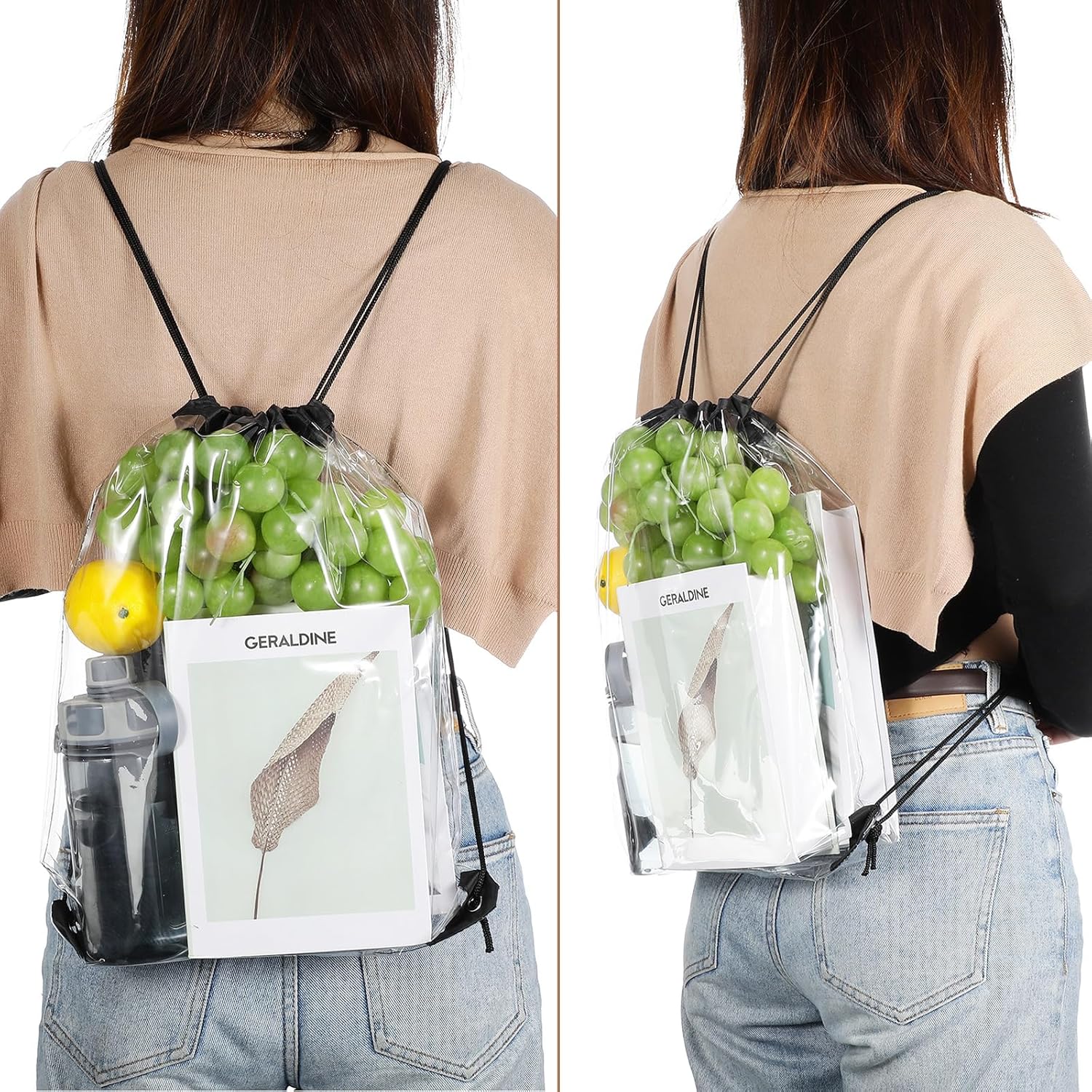 15 Pieces PVC Clear Drawstring Bag Small Waterproof Plastic Backpack For Stadiums Sporting Events (Black) Black -