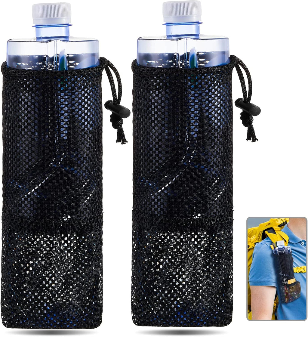 2 Pcs Water Bottle Holder for Backpack Foldable Mesh and Snack Adjustable Pouch Tactical Attachments Carrier Hiking Bicycle(Black) -
