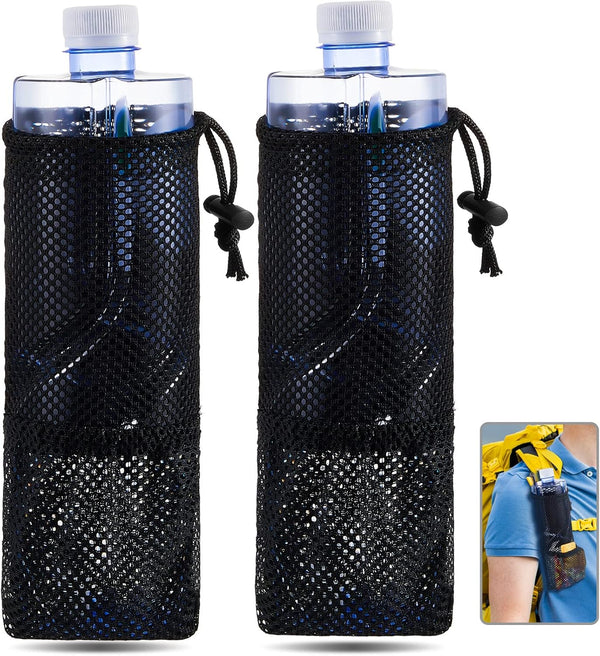 2 Pcs Water Bottle Holder for Backpack Foldable Mesh and Snack Adjustable Pouch Tactical Attachments Carrier Hiking Bicycle(Black) -