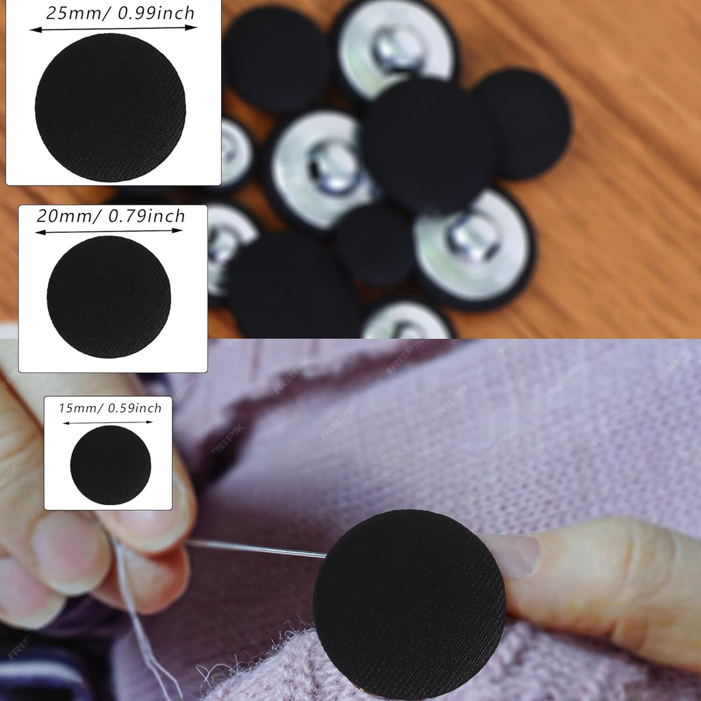 25pcs Satin Fabric Cloth Covered Buttons Metal Shank Round for Women Suit DIY Sewing Gowns Jeans Jackets Coats Shirts Wedding Dresses Handmade Crafts (Black, 15mm) black 15mm