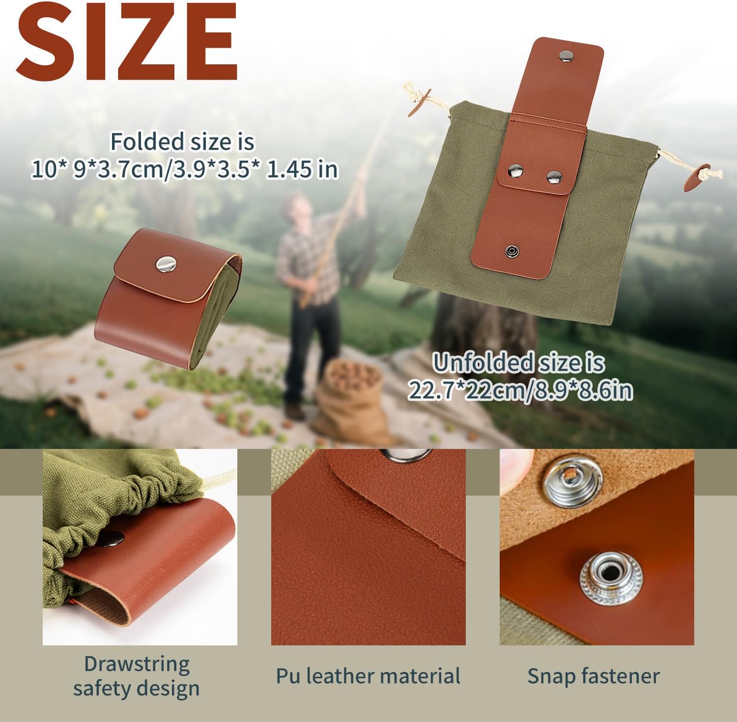 Foraging Bag Foldable Canvas Waist Pack for Outdoor Picking, Camping & Hiking, Belt Pouch with Drawstring Fruit Picking Bag, Multi-Purpose Storage Mushrooms, Nuts, Tools (Army Green)