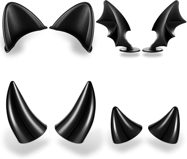 4 Pairs Helmet Devil Horns Motorcycle Accessories Cat Ears Wings with Adhesive Suction Cup Ski Bike for Women Men, Black