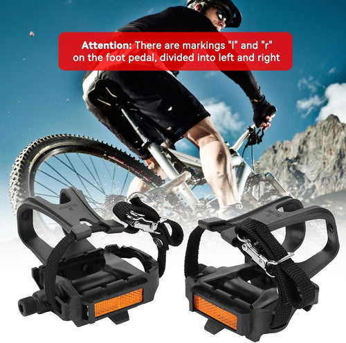 1 Pair Bike Pedals, Pedals with Toe Cages Road Bicycle Clip Adjustable Clips Straps for Wide Shoes Indoor Outdoor Cycling