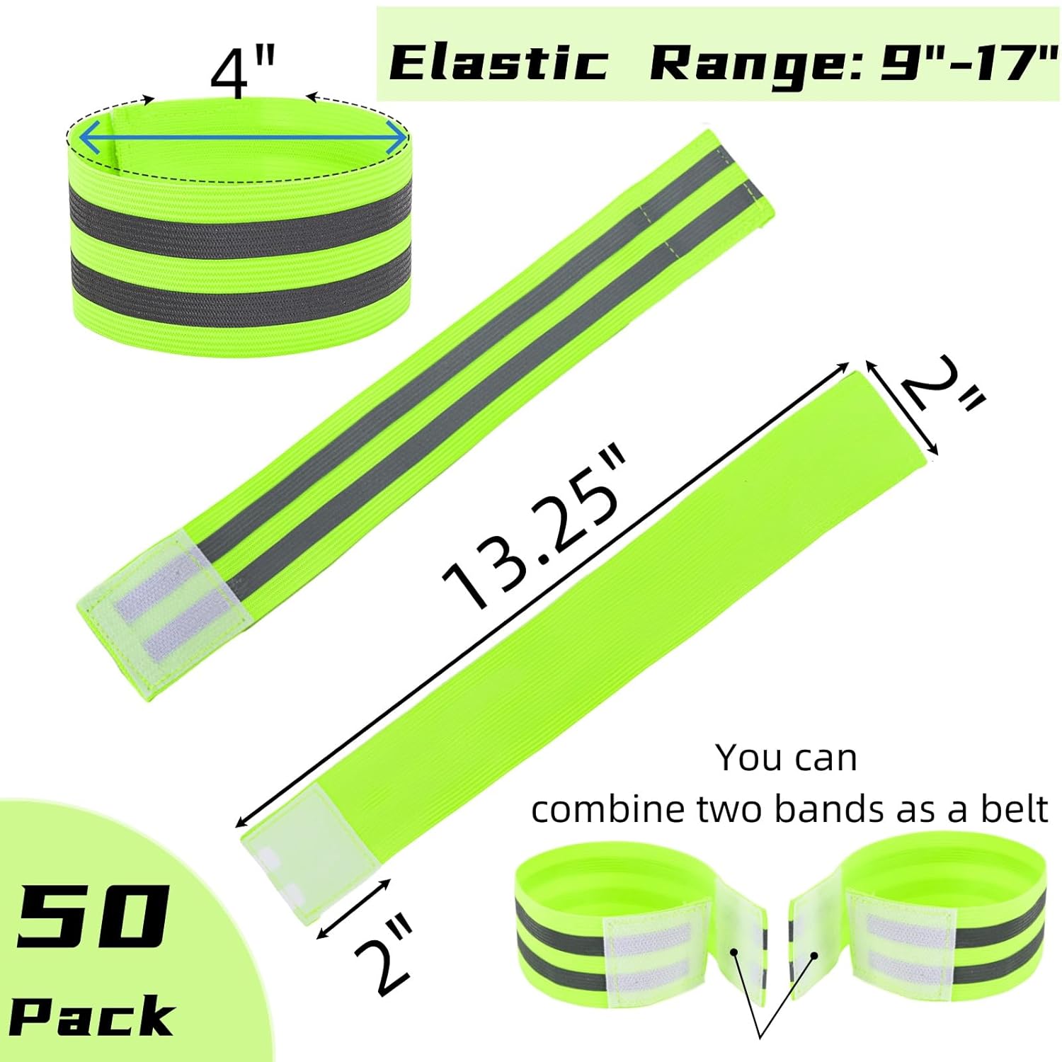 50 Pack Reflective Bands, High Visibility Safety Reflector Armband, Security Tape Strip Bracelets, Cycling Warning Fluorescent Sash, Night Walking Gear for Wrist Arm Ankle Leg