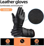 Black winter gloves made of genuine leather - warm and insulated gloves - adjustable size - compatible with touchscreen devices - non-slip palm - cashmere lining - windproof, rainproof and snowproof