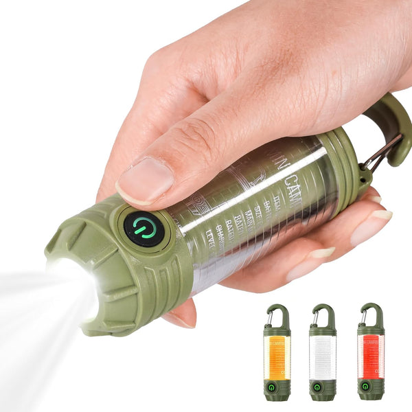 Mini camping lamp - Portable flashlight - Type-C fast charging, waterproof outdoor lamp - With hook - Multiple lighting modes (white/warm/red) and brightness levels - Flashlight for camping/hiking/home emergencies (dark green)