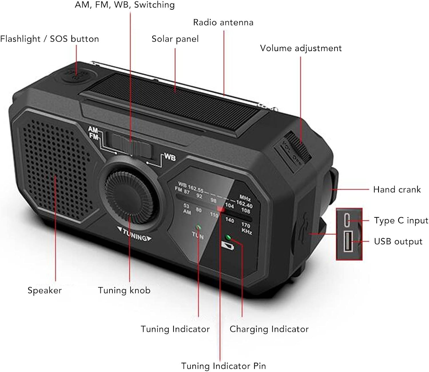 Noodradio - Solar-powered emergency radio, hand-operated - AM/FM/weather radio - With torch - SOS alarm function - Emergency charging function - Portable emergency radio (black) Suitable for camping, hiking and home emergencies