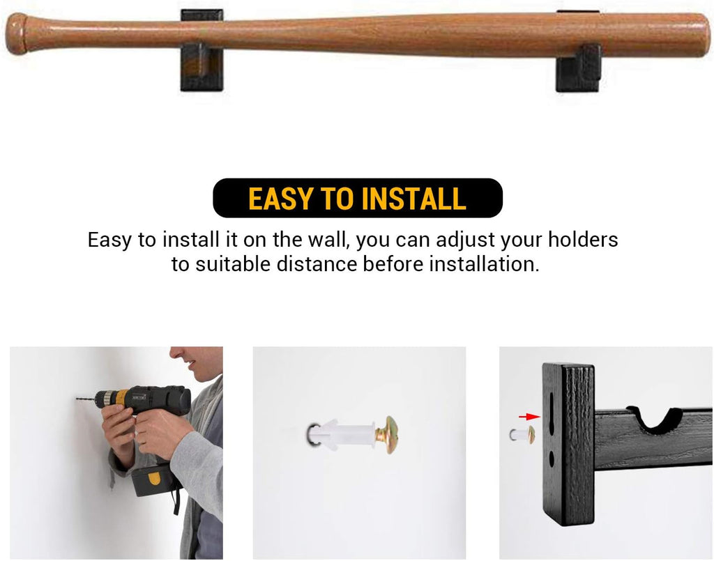 Display standard - Black - Baseball bat display standard - Baseball bat holder - Wall mounting - Horizontal baseball bat standard - Baseball bat holder - 2 pieces - Black