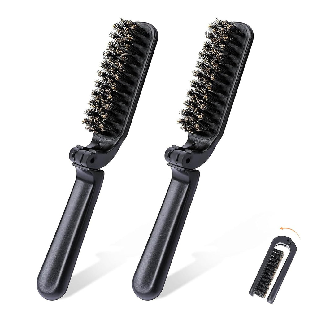2Pcs Travel Hair Brush, Mini olding Hair Brush Collapsable Boar Bristles Hair Comb Pocket Beard Brush Portable Hair Styling Tool or Women and Men