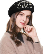 Classic rench Wool Beret with Pearl & Rhinestone Embellishments, Beanie Cap Style Hat or Women and Girls
