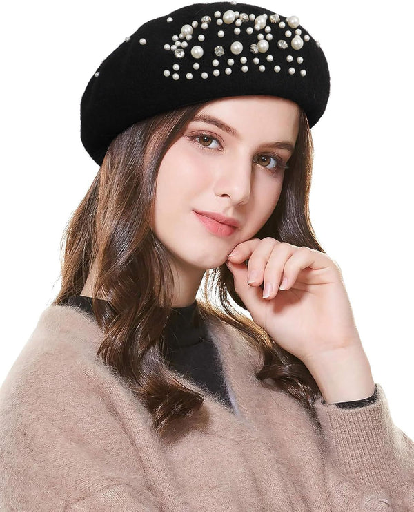Classic rench Wool Beret with Pearl & Rhinestone Embellishments, Beanie Cap Style Hat or Women and Girls