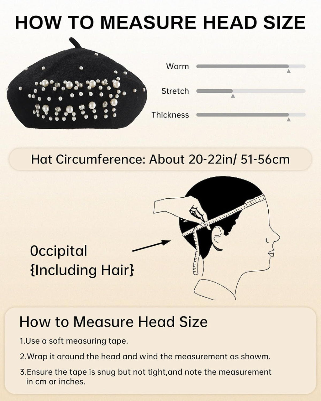 Classic rench Wool Beret with Pearl & Rhinestone Embellishments, Beanie Cap Style Hat or Women and Girls