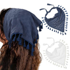 loral Tassels Hair Scar Headband - 2PCS Cotton Hair Bandana Scar With Tassels Tie Back Head Kerchie Headband or Women and Girls (Navy Blue+White)