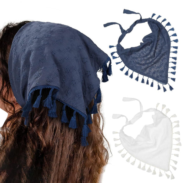 loral Tassels Hair Scar Headband - 2PCS Cotton Hair Bandana Scar With Tassels Tie Back Head Kerchie Headband or Women and Girls (Navy Blue+White)