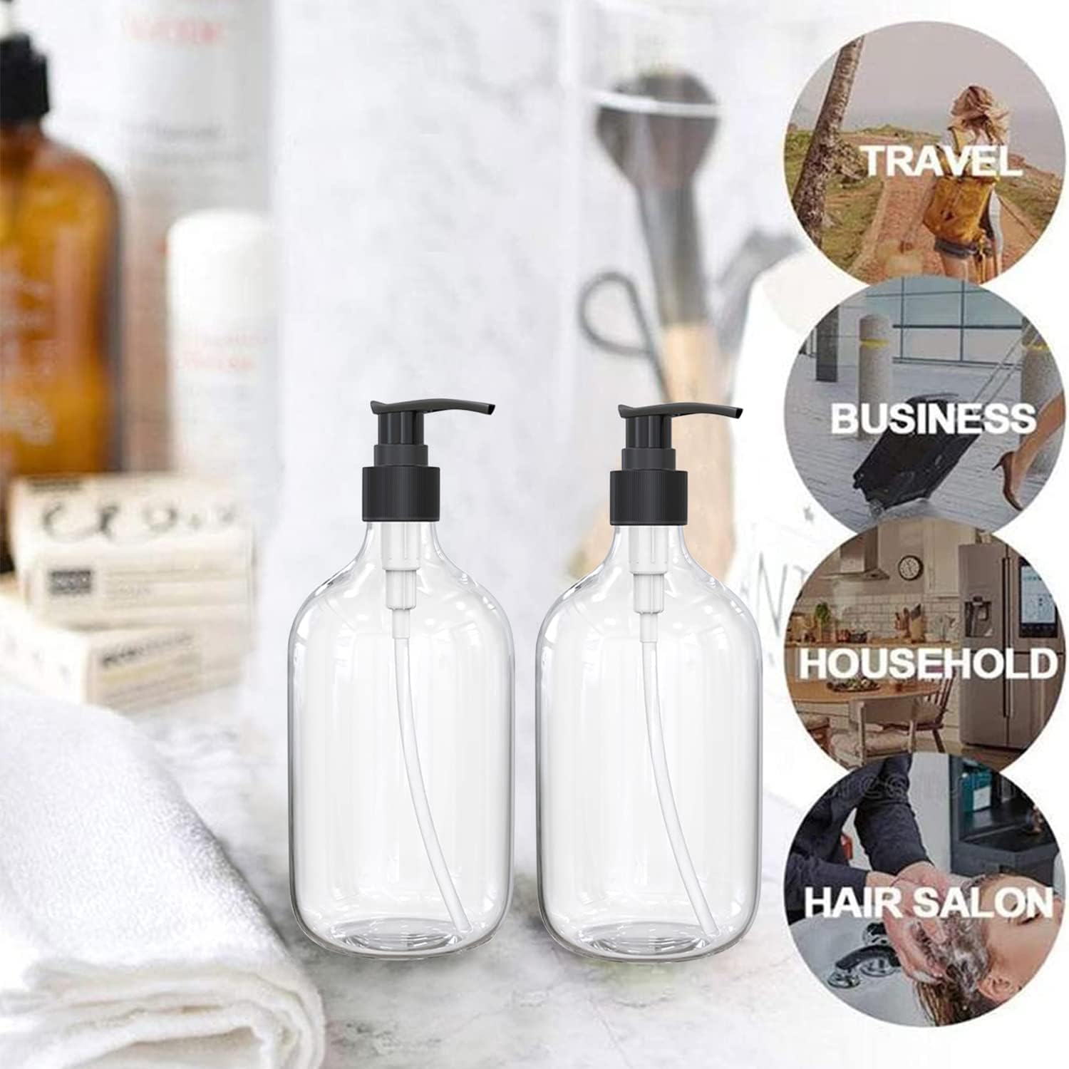 10 Ounce Clear Plastic Pump Bottle Dispenser, Refillable Empty Bottle Container with Pump for Essential Oil Soap Lotion Shampoo, 2 Pcs