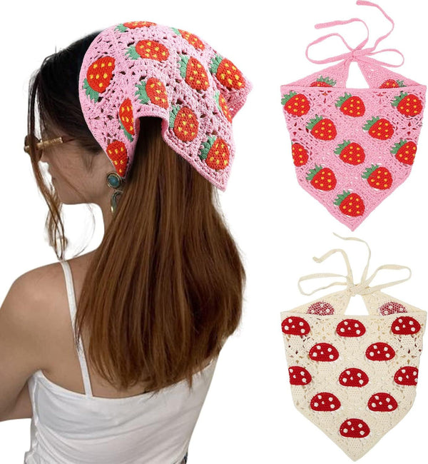 Crochet Bandana Head Kerchie Hair Scar 2Pcs Knitted Scarves Tie Bcak loral Headwrap or Women Girls