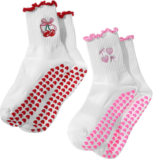 2 Pair Pilates Socks with Grips, Red Pink Non-Slip Pilates Yoga Grip Socks for Women, Cute Ruffle Design, Grippy Sticky Also Perfect for Barre & Fitness, Red & Pink