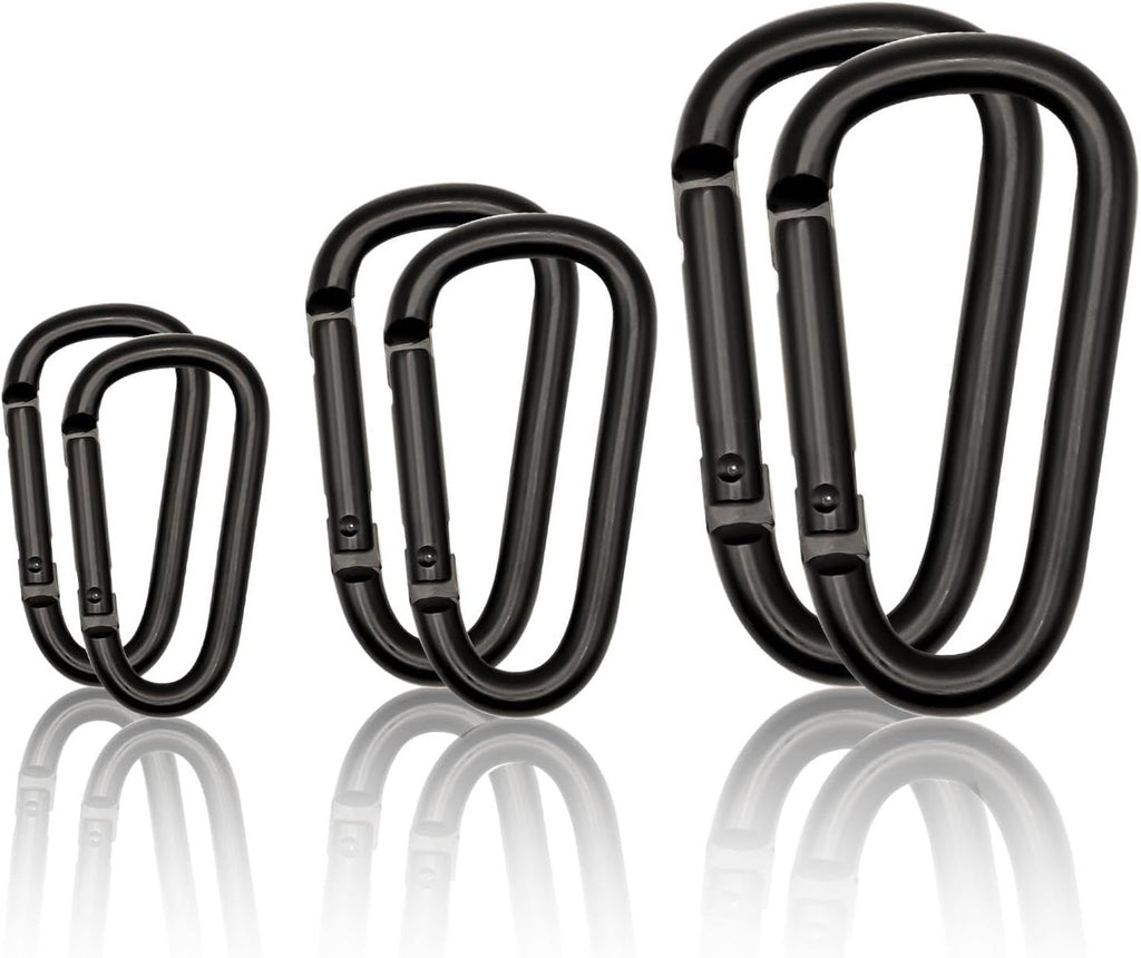 Black Carabiner Clip, Includes Mini 2 Inch Carbineers, Small 2.3" D Ring Clip, Large 3 Inch Carabiner Heavy Duty, Aluminum Caribiner Keychain Hook for Backpack Hiking Camping