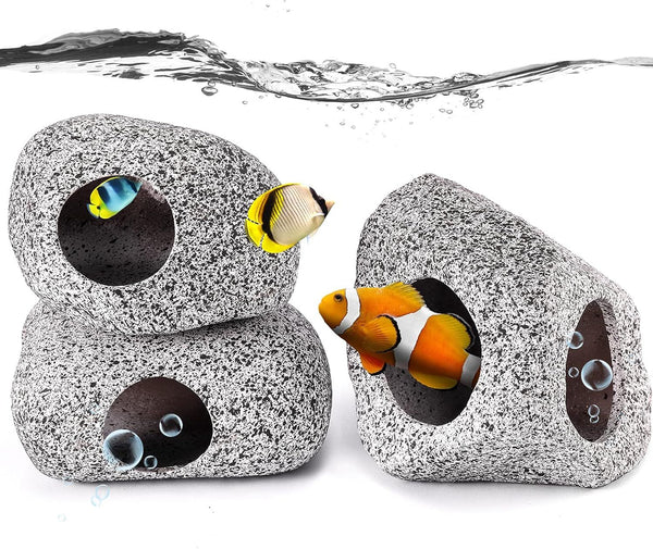 3 Pieces Rock Aquarium Decorations, Stackable Cave Aquarium Decor, Betta Fish Tank Accessories Hideout Hidden Stones Ornaments, Fish Rock House Hideaway Tunnel Fish Cave for Aquarium Shrimp Cichlid