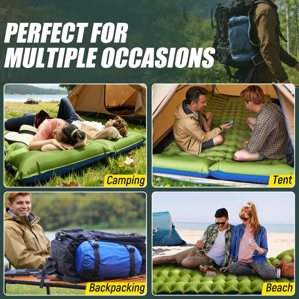 Double Sleeping Pad - Self Inflating 4" Extra-Thick for 2 Person with Pillow Built-in Foot Pump Inflatable Sleeping Mat for Backpacking, Hiking, Traveling, Tent, Portable Camping Mat