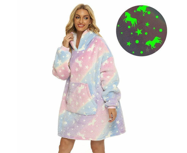 Pink Unicorn Glow in The Dark Oversized Sweatshirt with Pockets Cute Unique Birthday Gift Women Warm Cozy Wearable Blanket