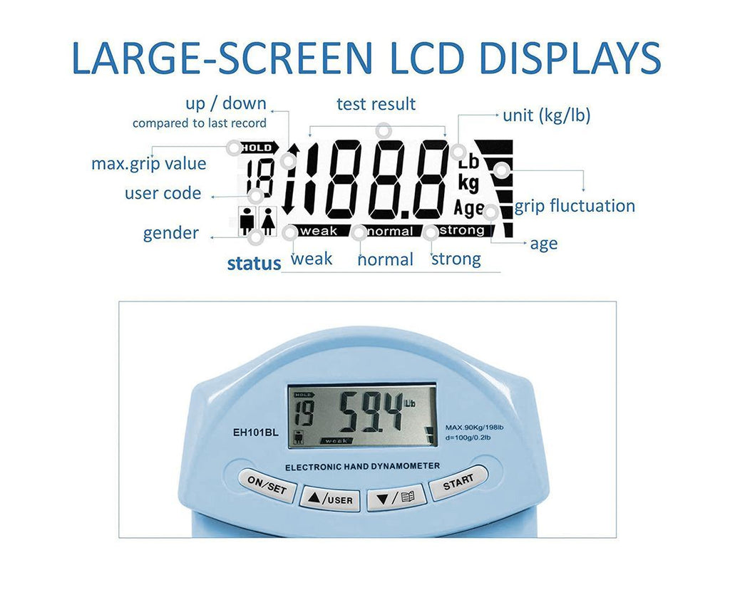 Digital Hand Dynamometer Grip Strength Measurement Meter Auto Capturing Electronic Hand Grip Power - Blue