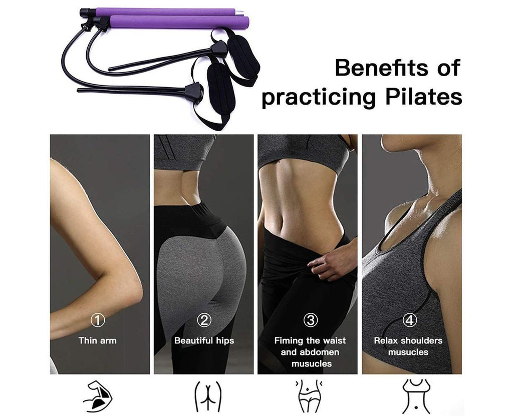 Pilates Exercise Stick Kit,Portable Compact 3-Section Yoga Resistance Bands for Legs and Butt, Pilates Bar with Foot Strap for Full Body Workout - Purple