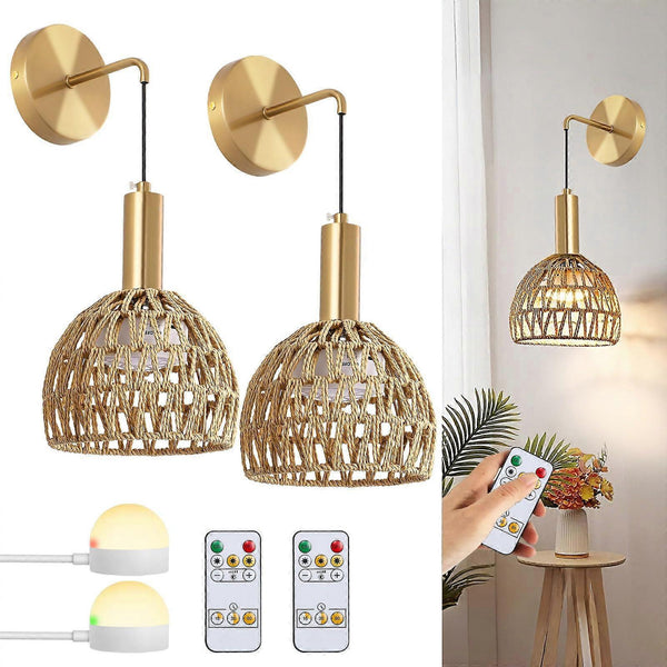 Battery Operated Wall Sconce Set of 2, Rechargeable Rattan LED, Remote, 3 Color Dimmable