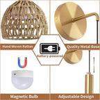 Battery Operated Wall Sconce Set of 2, Rechargeable Rattan LED, Remote, 3 Color Dimmable