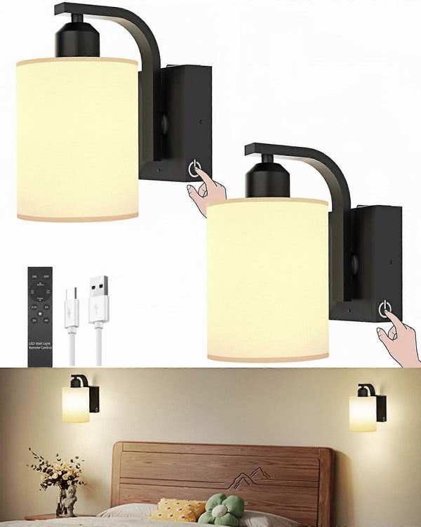 Battery Operated Wall Sconces Set of 2, Rechargeable LED, Touch & Remote Control, Black