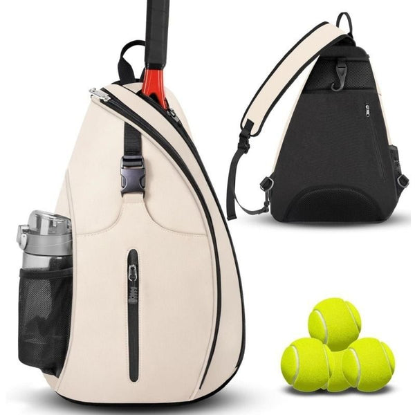 Multifunction Sling Tennis Bag, Waterproof Oxford Crossbody Sports Backpack, with Water Bottle Pocket & Hidden Ball Compartment—White