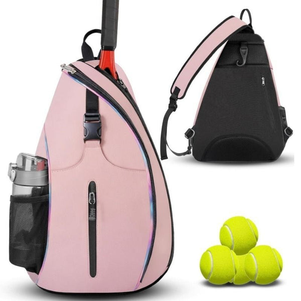 Multifunction Sling Tennis Bag, Waterproof Oxford Crossbody Sports Backpack, with Water Bottle Pocket & Hidden Ball Compartment—Pink