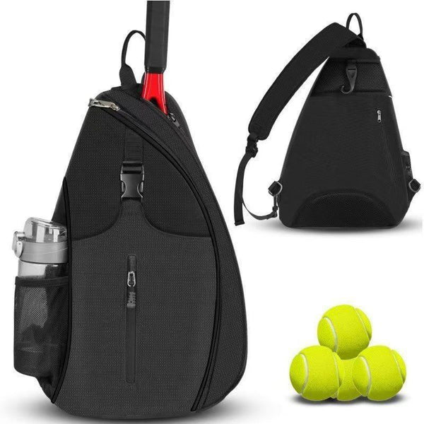Multifunction Sling Tennis Bag, Waterproof Oxford Crossbody Sports Backpack, with Water Bottle Pocket & Hidden Ball Compartment—Black