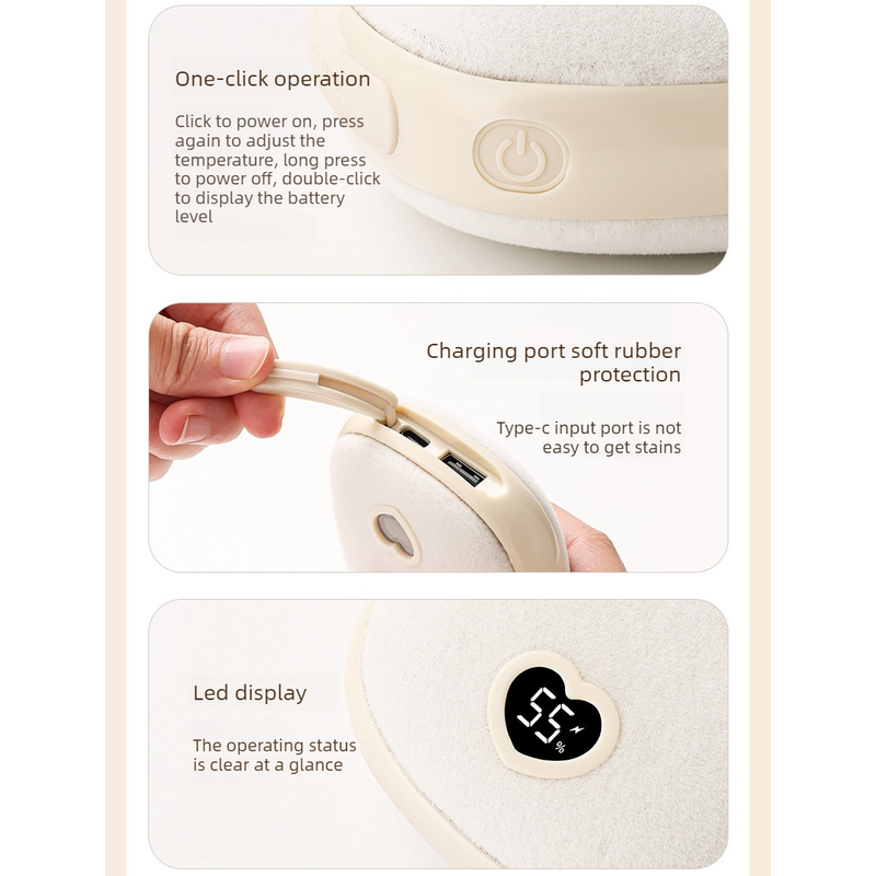 Cute Cartoon Hand Warmer 2-in-1 Portable USB Charging Power Bank, 3 Temperature Settings Pocket Heater—Beige