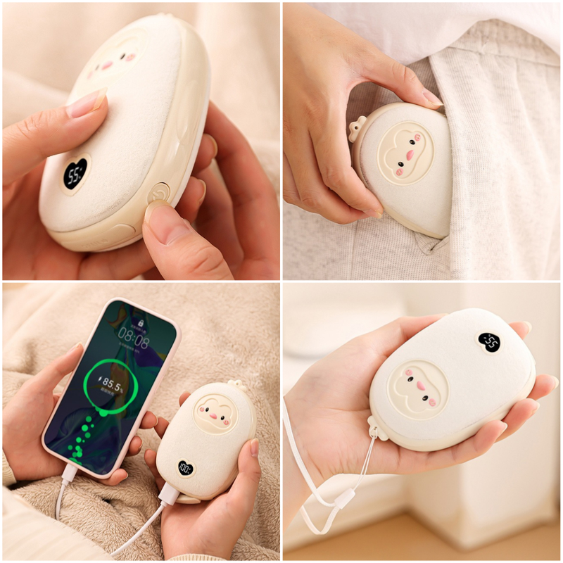 Cute Cartoon Hand Warmer 2-in-1 Portable USB Charging Power Bank, 3 Temperature Settings Pocket Heater—Beige