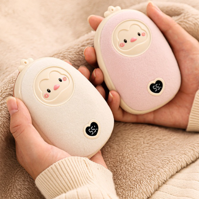 Cute Cartoon Hand Warmer 2-in-1 Portable USB Charging Power Bank, 3 Temperature Settings Pocket Heater—Beige