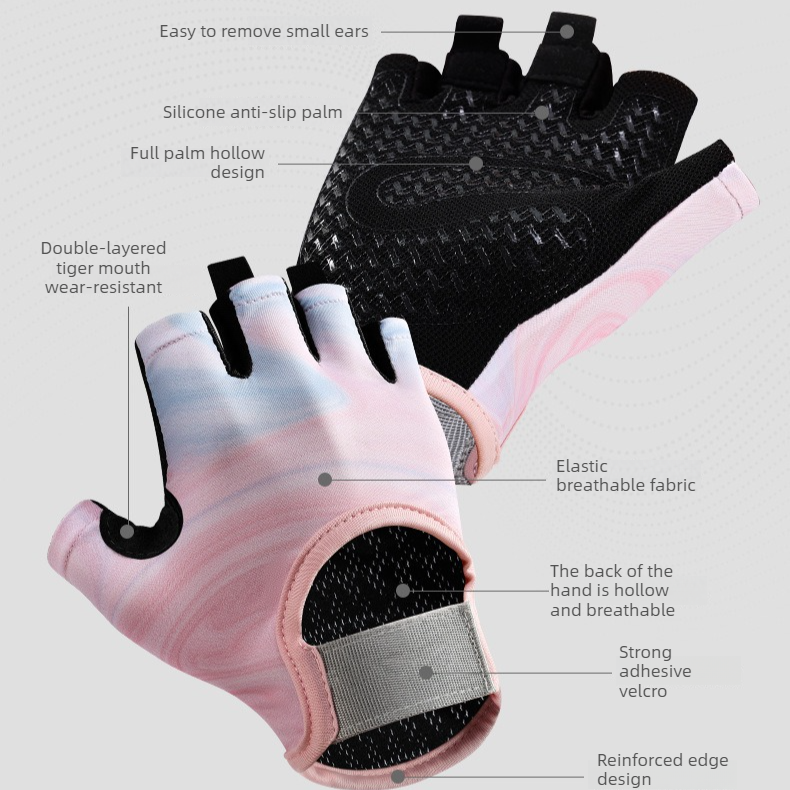 Blue-Pink Gradient - Size M - Women's Gradient Print Half-Finger Fitness Gloves, Silicone Anti-Slip Breathable Gloves for Yoga and Cycling