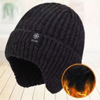 Men's Fleece-Lined Ear Protection Knit Beanie, Warm Thick Winter Hat for Dad or Grandpa—Black