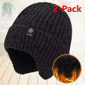 2-Pack—Men's Fleece-Lined Ear Protection Knit Beanie, Warm Thick Winter Hat for Dad or Grandpa—Black