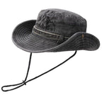 Vintage Washed Embroidered Bucket Hat, Wide-Brimmed Sun Hat with Drawstring for Hiking and Outdoor Activities—Black
